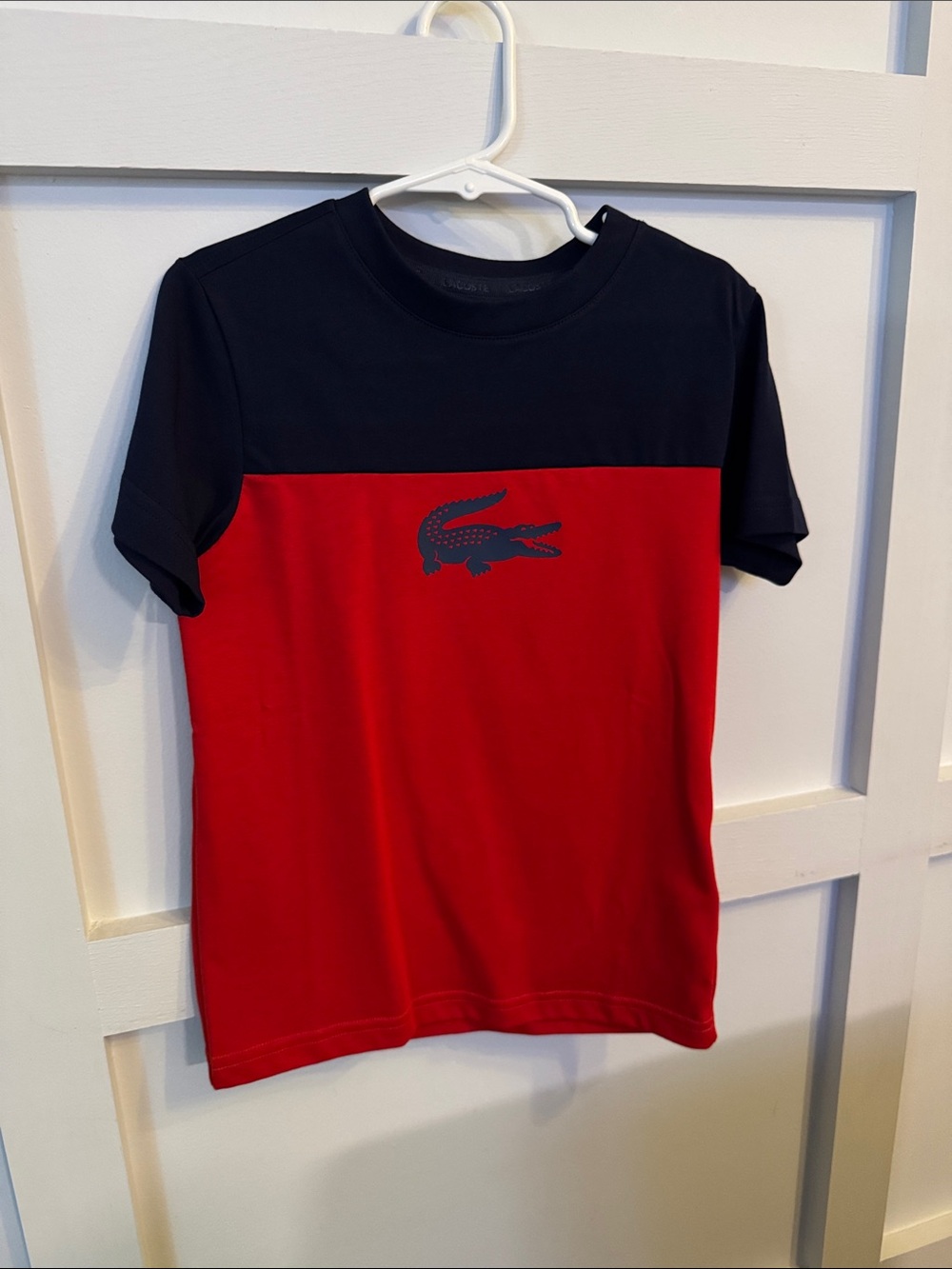 Lacoste Kids Colorblock Red and Navy Short Sleeve Tee with Croc Logo 8